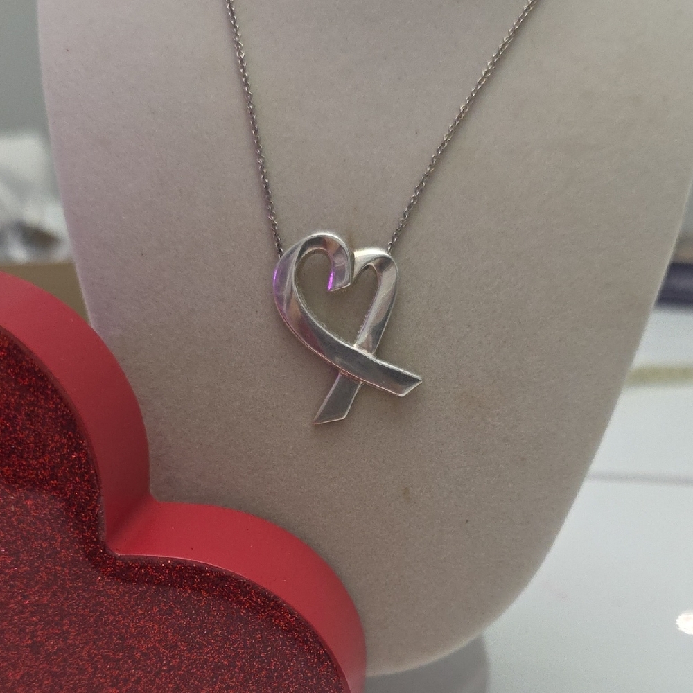 Tiffany And Co.stetling Silver Heart Pendant Necklace .XL 26 " Long
